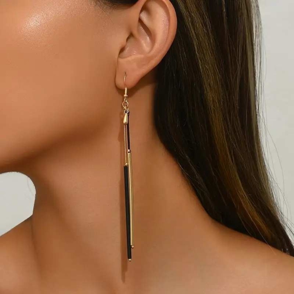 Dangle Drop Earrings - Long Linear Bar Earrings‎ - Gold and Black